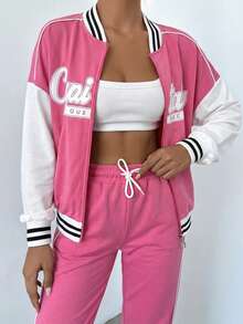 EURMUSE 女士休闲撞色拼接字母印花外套和裤子两件套，秋季 - 粉色 - 查看 4