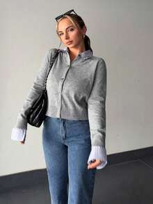 Jeta Ari Women's Contrast Stripe Patchwork 2 In 1 Casual Cardigan - Grey - View 1