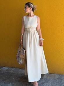 Jeta Ari Cotton & Linen Sleeveless A-Line Dress For Women, Spring/Summer Casual - Apricot - View 6