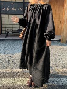 FRIFUL Women's Elegant Solid Color Knotted Collar Lantern Sleeve Long Dress, Autumn Maxi Dress Sundress - Apricot - View 2