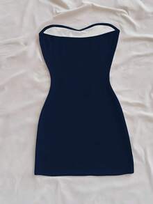 INAWLY 女士碎花无肩带连衣裙，时尚假日风 - 寶藍色 - 查看 2