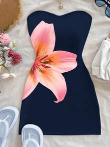 INAWLY 女士碎花无肩带连衣裙，时尚假日风 - 寶藍色 - 查看 3