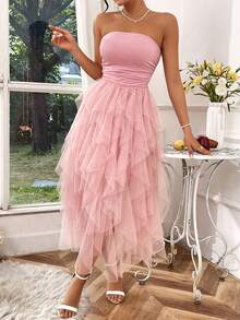 Rafferiza Baby Pink Strapless Mesh Midi Dress For Women Sleeveless Ruched Flared A Line Party Style - Baby Pink - View 5