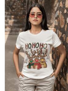 BLUSA PARA DAMA, MUJER DE ALGODON CON DISEÑO NAVIDEÑO HOHOHO - Blanco - Ver 2