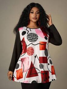 EMERY ROSE Camiseta de manga larga con cuello redondo y estampado para mujer de talla grande - Negro - Ver 4