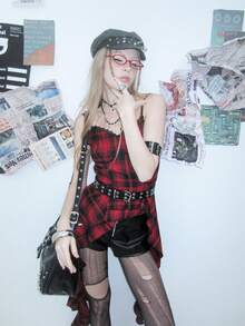 Bloopia Women's Vintage Plaid Contrast Lace Ribbon Waist Camisole - Red - View 3