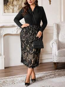 Firerie 大码纯色V领裹身长袖上衣和蕾丝拼接半裙两件套 - 彩色 - 查看 9