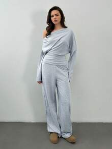 SHEIN Tall 2pcs Women Casual Asymmetric Off Shoulder Sweatshirt Top And SweatPants Set,Fall Clothes For Women,Back To School Clothes - Grey - View 3