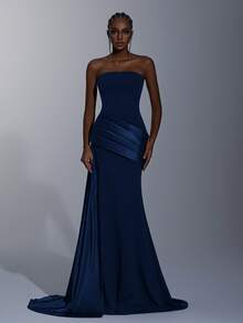 Elitara فستان أنيق، رومانسي، أنيق، بسيط، بنفسجي غامق، قماش مطاطي، رقعة من الساتان، عصري، عطلة، عطلة، حفلة عيد ميلاد، حفل زفاف، عشاء رسمي - أزرق بحري - مشاهدة 1