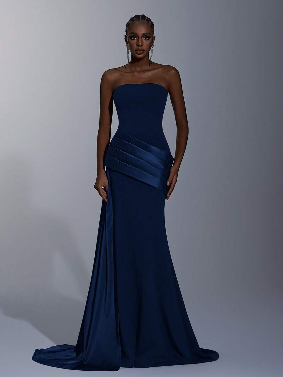 Elitara فستان أنيق، رومانسي، أنيق، بسيط، بنفسجي غامق، قماش مطاطي، رقعة من الساتان، عصري، عطلة، عطلة، حفلة عيد ميلاد، حفل زفاف، عشاء رسمي - أزرق بحري - مشاهدة 1