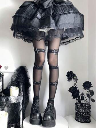 Grunge Punk 1 par de medias con estampado de esqueleto sexy, medias de nailon minimalistas de color negro sólido con estilo Y2K, leggings transparentes súper delgados y elásticos