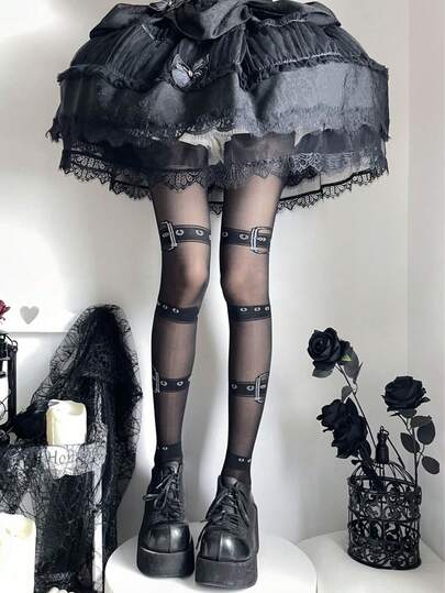 Grunge Punk 1 Pair Sexy Skeleton Print Tights, Y2K Minimalist Style Solid Black Pantyhose, Super Thin Elastic Sheer Leggings