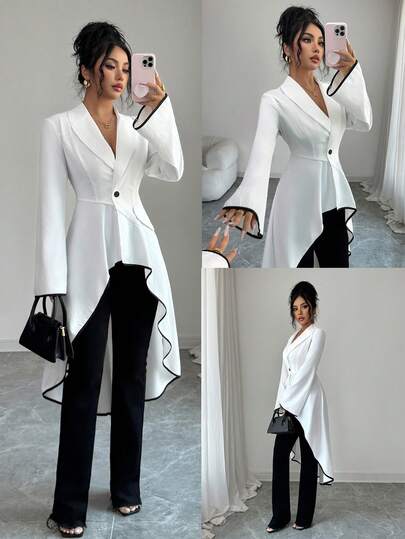 Elenzga 女士优雅不对称黑白撞色薄款外套，立领设计，适合春、夏、秋、冬、派对、新年、感恩节、圣诞节、情人节、万圣节、休闲穿着