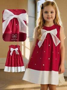PrepCrw 1pc Young Girls Elegant Urban School Style Bow & Pearl Decor Crew Neck Sleeveless Knit Christmas Red Dress, Suitable For Outings, Gatherings, Holidays, Parties, Autumn, Winter, Spring, Summer, Valentine's Day Strawberry Dresses For Girls Bow Dress For Girls Girls Sleeveless Aline Casual Dress Girls Dress With Pearls Christmas Dress For Girls Valentine's Day Girls Dress Red White
