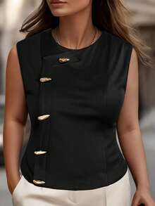 Vionelle Plus Size Women French Style Casual Elegant Slim Fit Sleeveless Tank Top, Summer Black Tops For Women Black And Gold Top Black Sleeveless Top Black Work Top Cute Black Top Sleeveless Blouse Statement Top Tops For Women Elegant Business Casual Tops Woman Classy Top Elegant Tops For Women - Black - View 4