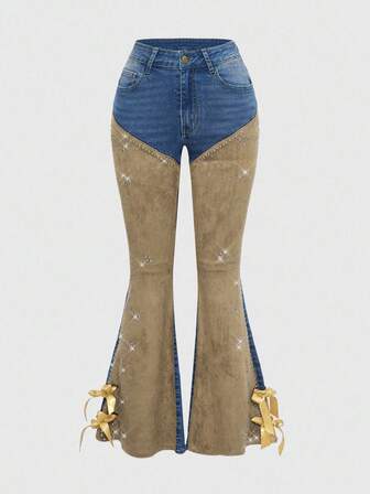 Jeans a zampa di donna vintage stile hippie western in camoscio con patchwork e effetto consumato