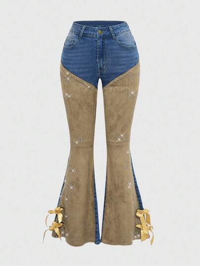 Hippie Western Cowgirl Suede Patchwork Distressed Vintage Women Flare Jeans