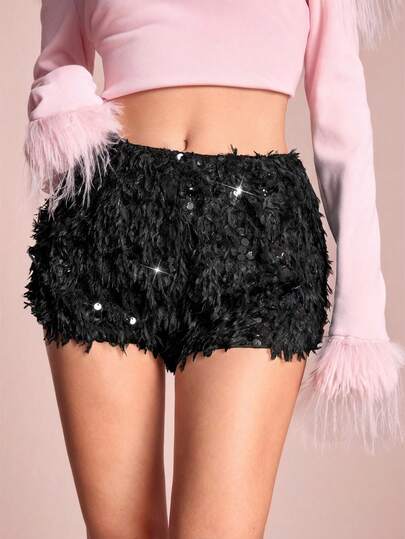 ROMWE Avant Pantaloncini mini con vita ultra bassa, decorati con piume, paillettes e glitter, sexy, adatti per feste e festival