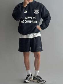 DAZY Men's Navy Blue Letter Print Crew Neck Pullover Pullover Sweatshirt Set With Drawstring Design, Spring/Summer - Blue - View 9