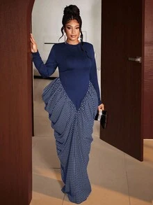 Maweii 大码女式时尚撞色波点印花长袖连衣裙 - 霧霾藍 - 查看 4