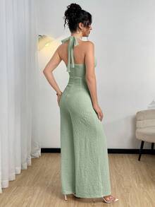 Modelyn Metal Buckle Sleeveless Spaghetti Strap Crop Top & Wide Leg Jumpsuit For Women - Mint Green - View 4