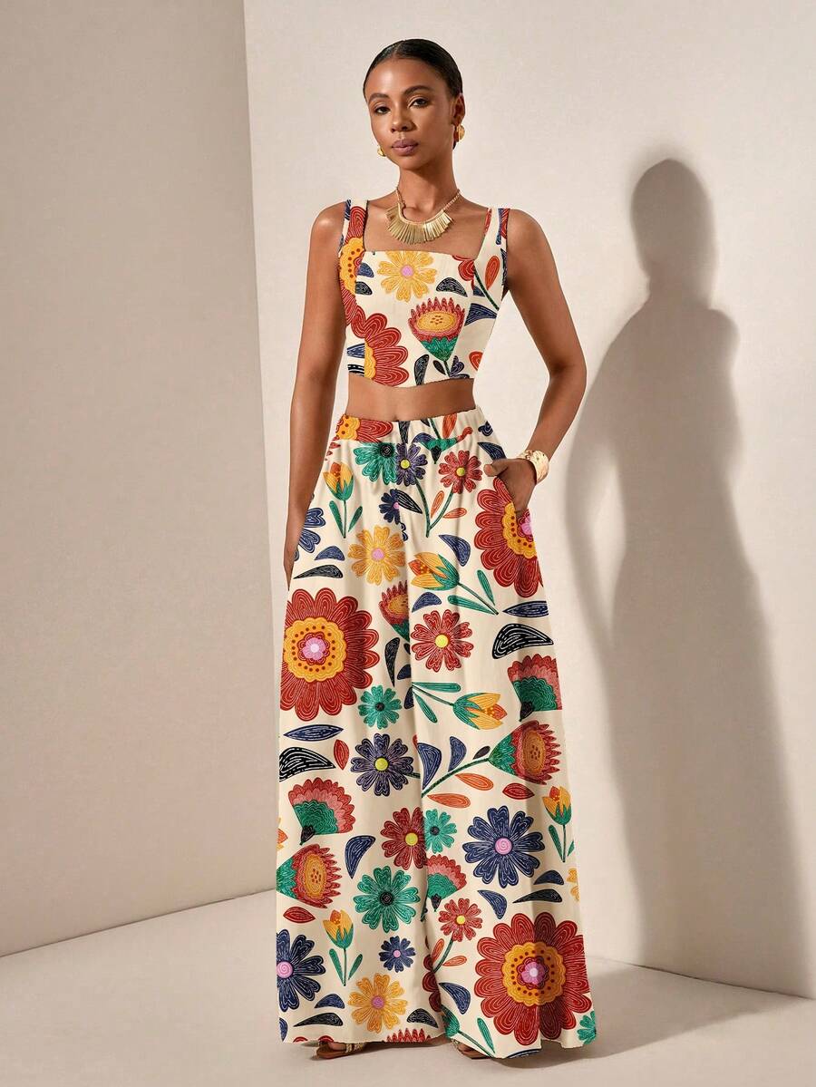 Zivah New Spring/Summer Vacation Casual Fishbone Strap Top & Wide Leg Pants With Pockets 2 Pieces Set/Season Wedding Attend/Birthday Party/Daily Outing/Basic And Versatile/Leisure Vacation/Cruise Travel/Beach Seaside Sunbathing /Internet Celebrity Hot Style/Street Style/Elegant Commuter/Business/Casual Bandeau Strap Sexy Backless Ladies Top And Straight Pants With Pockets Flower Positioning Print Green Summer Suit Ladies Two Pieces Suit Carnival - Multicolor - View 1