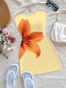 INAWLY Women's Summer Vacation Style Lily Flower Print Fitted Tube Dress - Yellow - View 3