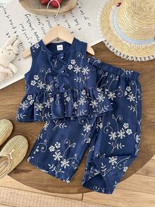 SHEIN Bộ 2 món cho bé gái, áo không tay và quần jacquard thêu hoa thời trang, thích hợp cho mùa xuân/hè, ở nhà, ngoài trời, đi nghỉ mát, dự tiệc và mặc hàng ngày. - Nhiều màu - Xem 8