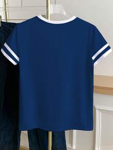 Resyla Women's Casual Heart Print Short Sleeve Ringer Tee, Suitable For Daily Commute In Summer - Navy Blue - View 2