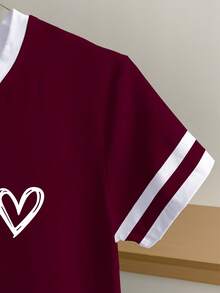 Resyla Women's Casual Handmade Beaded Heart Pattern Short Sleeve Ringer Tee, Suitable For Summer Daily Commute - Burgundy - View 4