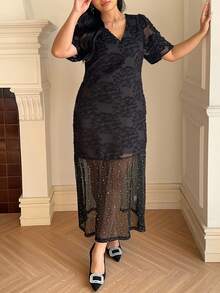 Dazy Plus Elegant V-Neck Loose Lace Contrast Mesh Long Dress, Plus Size, Spring/Summer Maxi Dress Sundress - Black - View 7