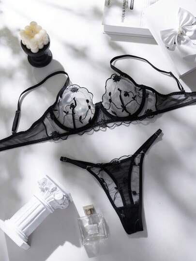 2 piezas Conjunto de sujetador y ropa interior de mujer romántico y sexy con malla bordada transparente y aros