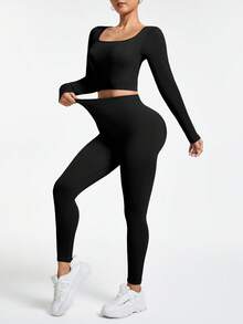 Easithlete Women's Seamless Khaki Sports Set H1003 - Black - View 2