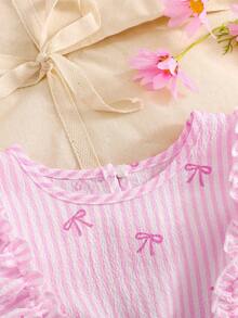 SHEIN Đầm bé gái mùa xuân dáng chữ A cổ tròn eo thon, họa tiết sọc, nơ và bèo nhún, kiểu dáng dễ thương, thích hợp cho kỳ nghỉ và tiệc tùng. - Hồng - Xem 6