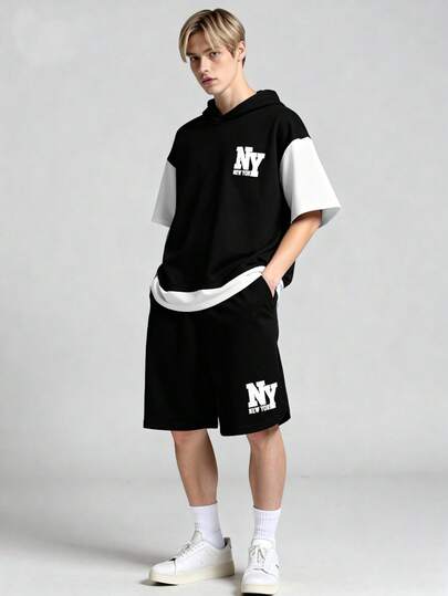 Vacaura 青少年男童休闲简约撞色连帽衫短裤套装，适合日常通勤和运动穿着