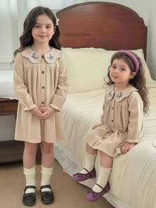 Emery Rose Kids Emery Rose Kids Apricot Peter Pan Collar Spring Summer Floral Embroidery Fashionable Doll Dres,Back To School Mommy And Me Girls Heart Print Shirt Tween Girls T Shirts White Top For Kids Cute Tops For Kids Long Sleeve Shirts Girls,Valentine's Day,Khaki - Multicolor - View 7