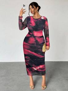 Firerie Đầm maxi dài tay thanh lịch in họa tiết tie-dye, xếp ly eo, cổ bất đối xứng, dài tay, đầm hẹn hò sang trọng, chất liệu vải lưới co giãn, cỡ lớn dành cho nữ/đầm maxi thường ngày thanh lịch, đầm đi nghỉ mát, đầm đi học, đầm dài tay nữ, đầm midi nữ, đầm ôm sát dài, đầm midi dài tay, đầm midi ôm sát nữ. - Đỏ - Xem 6