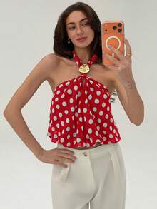 Aloruh Débardeur à col ras-du-cou moderne avec décoration métallique et motif à pois simple, pour femmes - Rouge - Voir 3