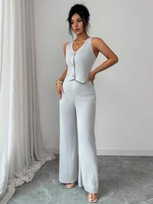 SHEIN Elenzya 女士休闲金属扣针织背心和针织裤套装 - 灰色 - 查看 3