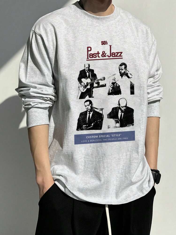 Spring Solid Color & Letter Graphic Print Round Neck Men T-Shirt