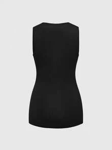 ROMWE Grunge Punk Tank Top Wanita Ukuran Besar Gaya Vintage Punk dengan Dekorasi Grommet Logam, Leher Berlipat, dan Hem Asimetris untuk Musim Semi/Panas, Cocok untuk Hari Valentine. - Hitam - View 2