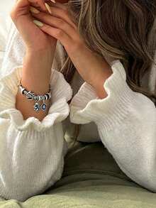 Oversized Casual Soft-Touch Knit Sweater With Ruffled Cuff Sleeves And Crew Neck In Vibrant All White Everyday Autumn - White - View 5