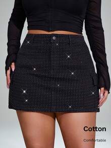 Denimoi 大码牛仔裙配水钻装饰，简约时尚，适合夏季 - 黑色 - 查看 1