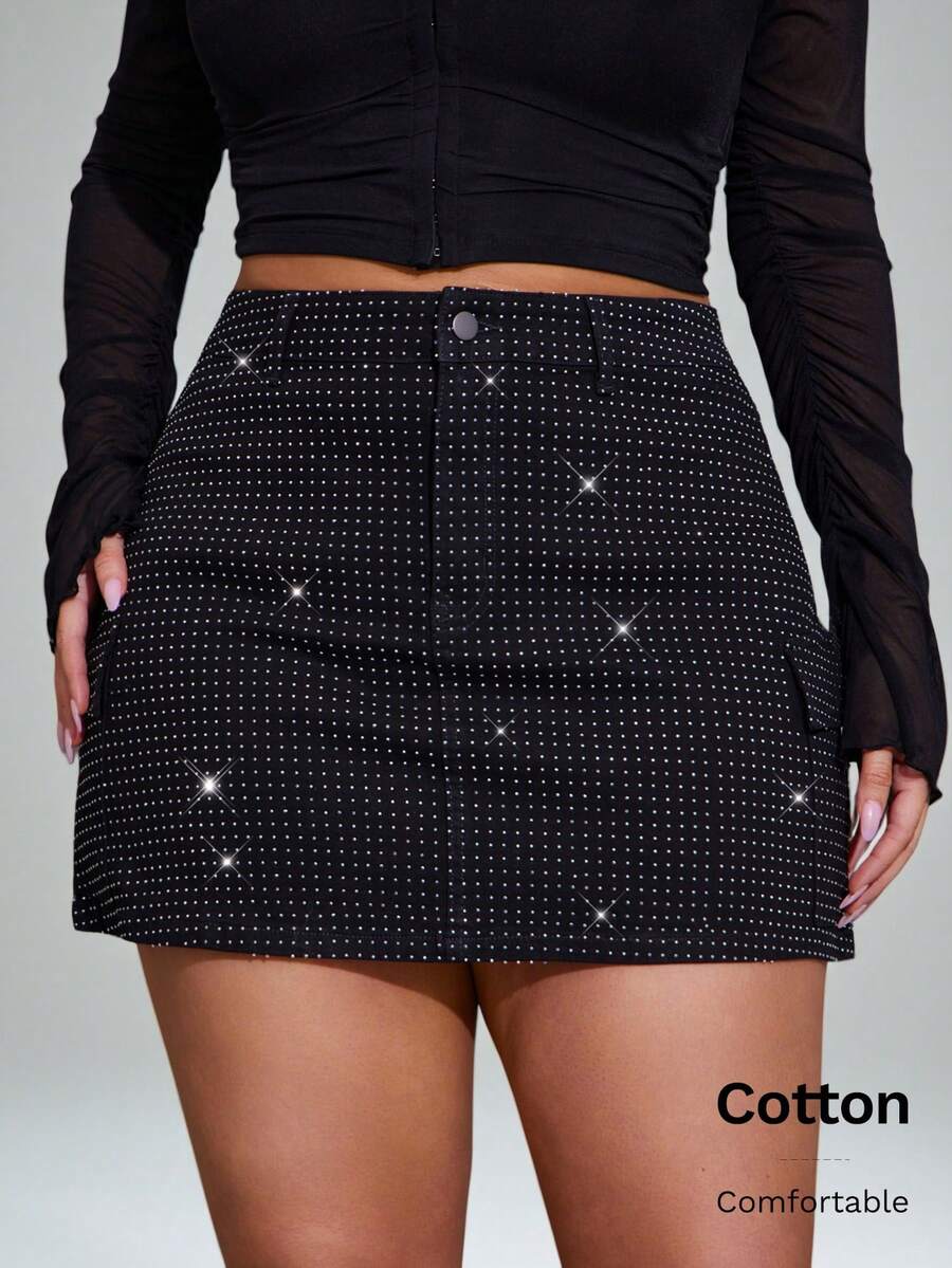 Denimoi 大码牛仔裙配水钻装饰，简约时尚，适合夏季 - 黑色 - 查看 1