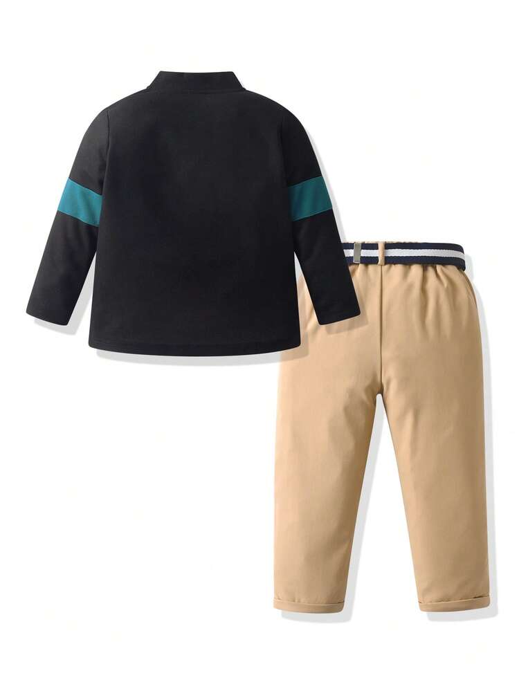 SHEIN 2pcs Young Boy Colorblock Long Sleeve Polo Shirt And Graphic Print Pocket Pants Set - Multicolor - View 2