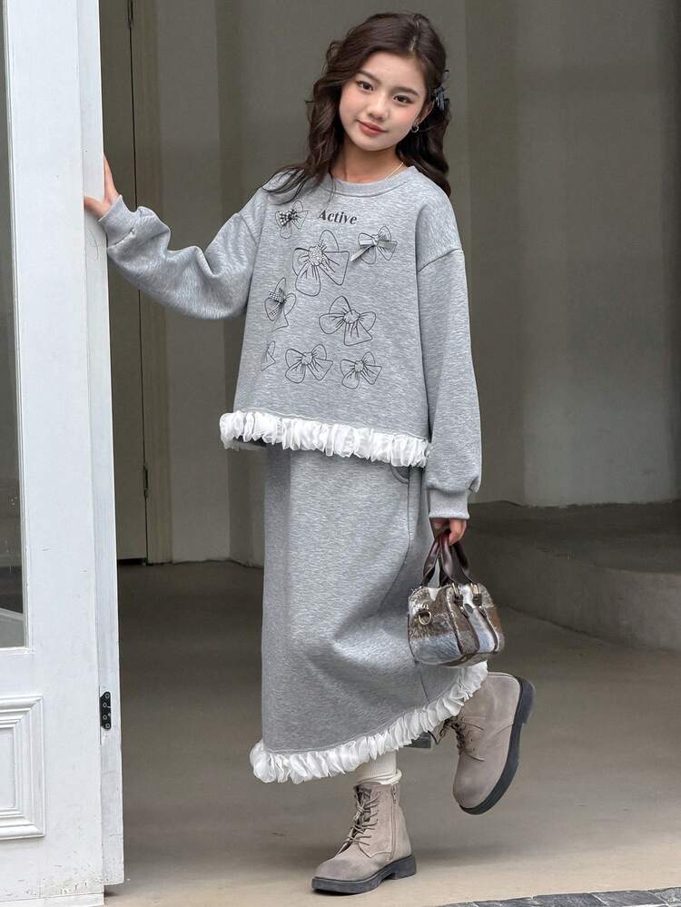 Girls Crew Neck Fleece Printed Long Sleeve Sweatshirt + Ruffle Hem Skirt 2-Piece Set, Fall