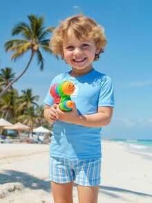 男童蓝色条纹印花短袖泳衣套装，休闲沙滩装 - 藍色 - 查看 3