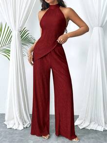 Firerie Women's Elegant Casual Commute Office Outfit Pleated Halter Backless Asymmetrical Hem Shirt & Wide Leg Pants 2-Piece Set, Khaki - Red - View 5