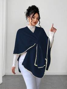 Elenzga 女士优雅宽松大码毛衣斗篷，适合秋冬季外套穿着 - 寶藍色 - 查看 4