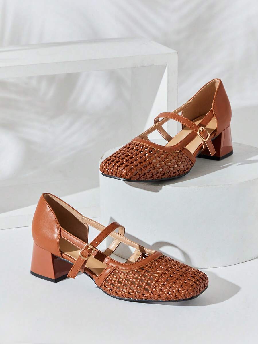 SHUZIA Ladies Crochet Raffia Mary Jane Pumps Valentine's Day Summer Shoes - Maroon - View 1